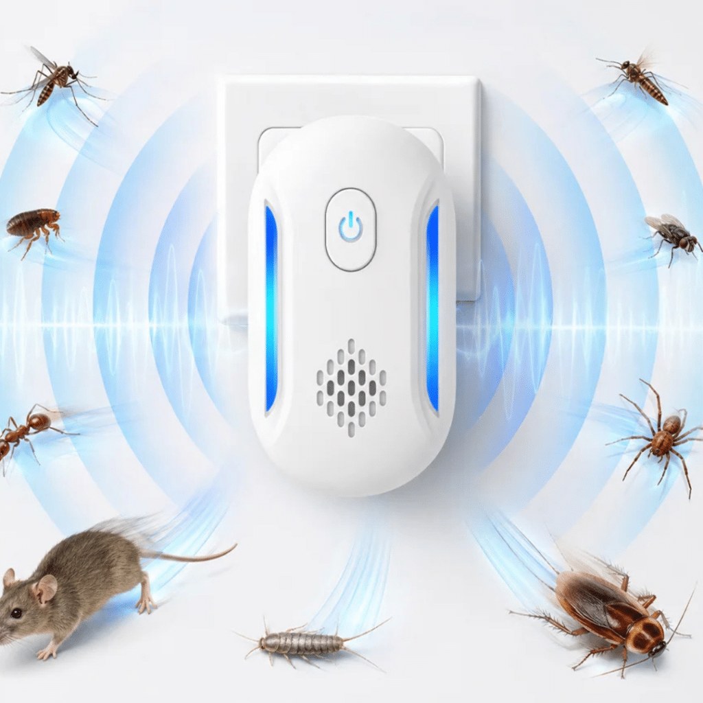 Seller graphic of a white plug-in pest device in an outlet, with illustrated insects around it